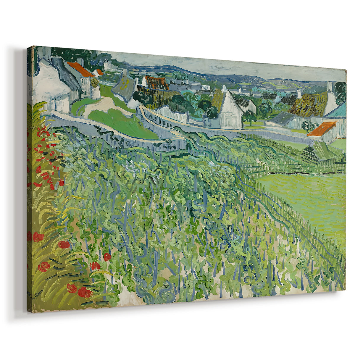 Canvas art print featuring an expressive agricultural scene with patterned fields, displayed at an angle