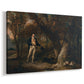 Canvas art print featuring a hunting scene with figure and dogs in open field, displayed at an angle