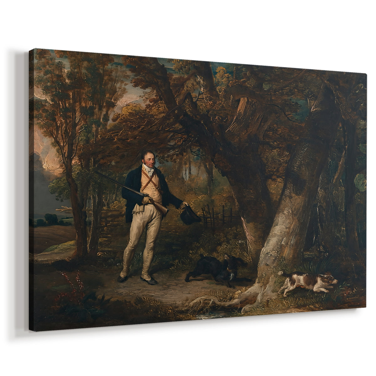 Canvas art print featuring a hunting scene with figure and dogs in open field, displayed at an angle