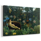 Canvas art print featuring an exotic scene with figure lying among lush tropical vegetation, displayed at an angle