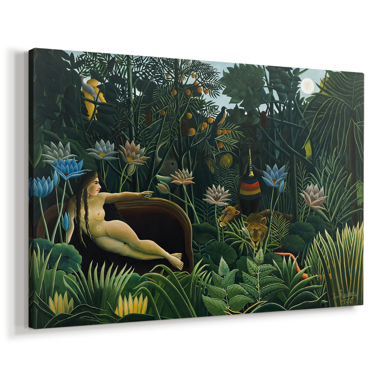 Canvas art print featuring an exotic scene with figure lying among lush tropical vegetation, displayed at an angle