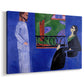 Canvas art print featuring an expressive scene of a man and woman facing each other indoors, displayed at an angle