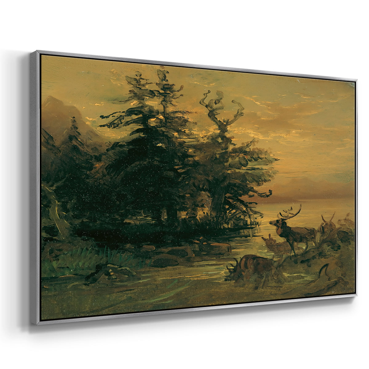 Wallowing Deer on the Shore of a Mountain Lake, c. 1850 - Floater Framed Canvas Print