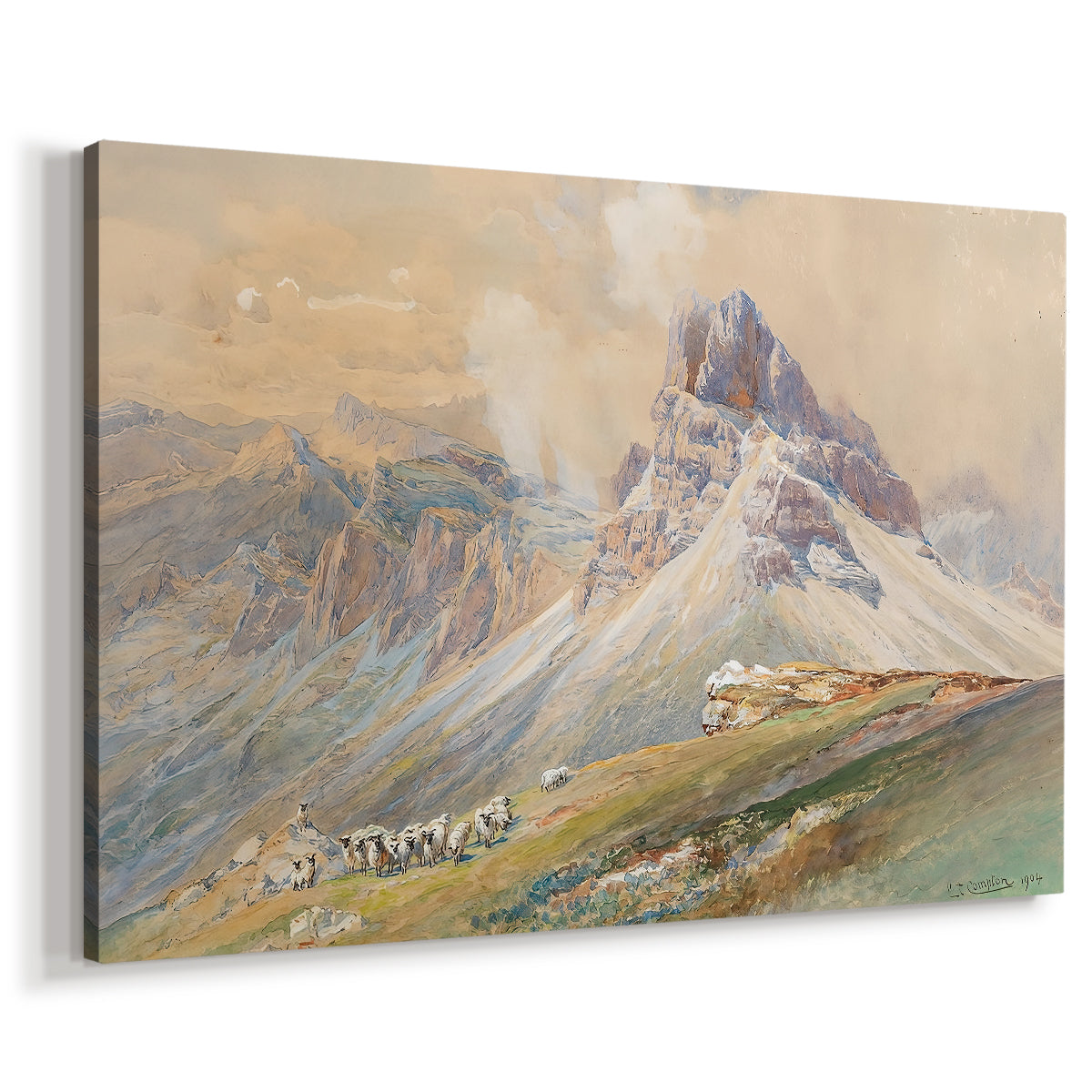 Canvas art print featuring an alpine scene with jagged rock formations and distant mountains, displayed at an angle