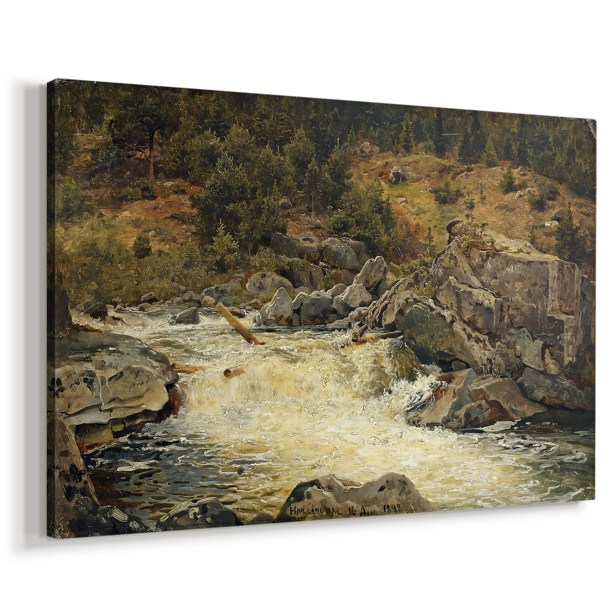 Canvas art print featuring a natural scene with rushing water cutting through terrain, displayed at an angle