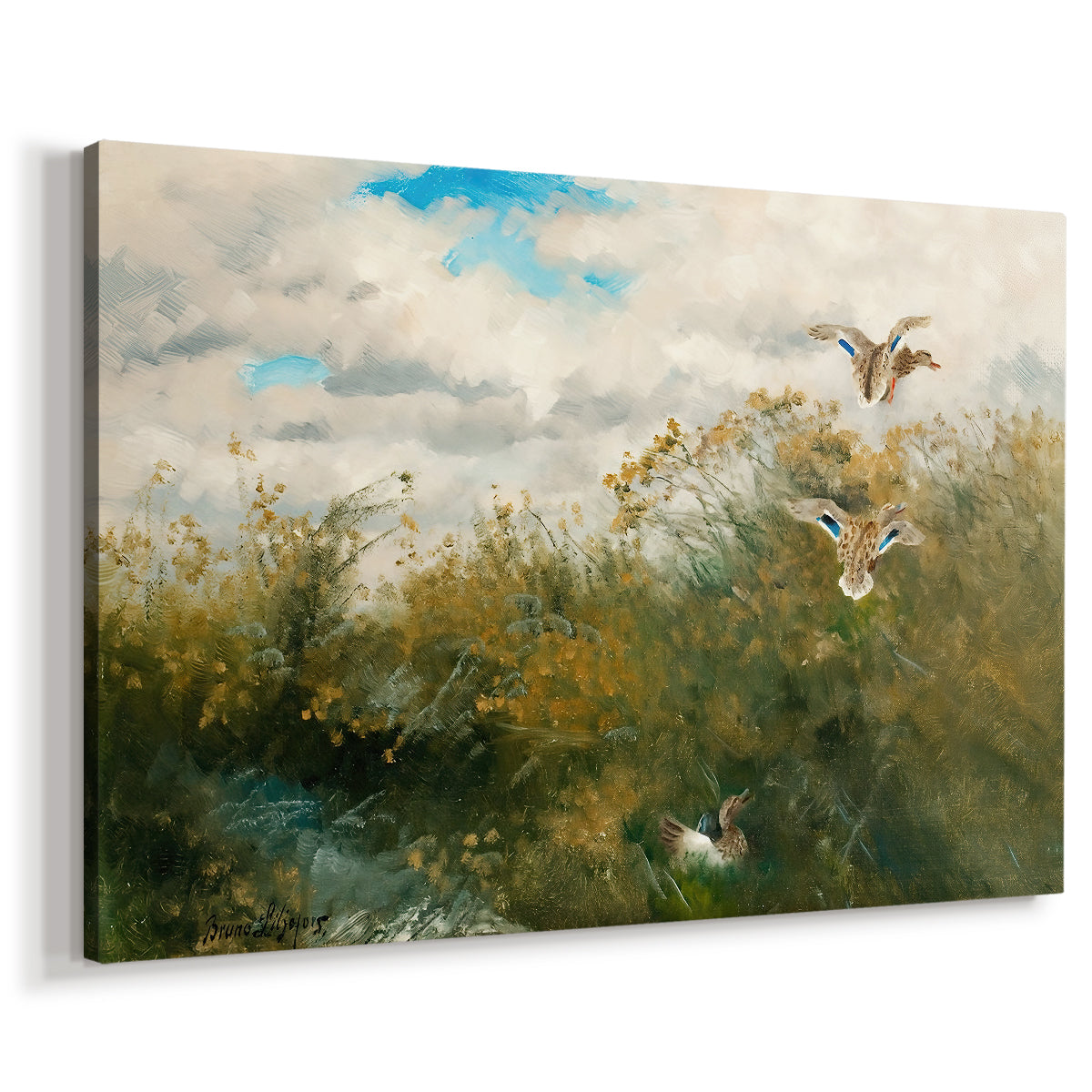 Canvas art print featuring a wildlife scene of ducks walking through tall grass beside water, displayed at an angle