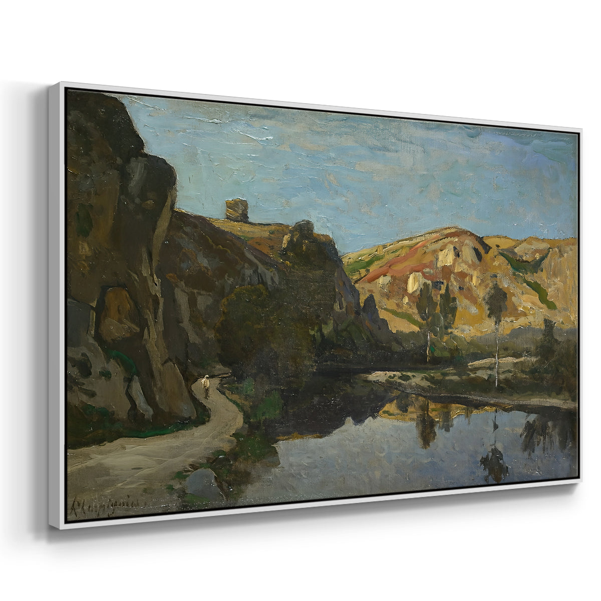 River Landscape with Cliffs, c. 1850-1860 - Floater Framed Canvas Print
