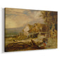Canvas art print featuring a rustic mill building with waterwheel and surrounding nature, displayed at an angle