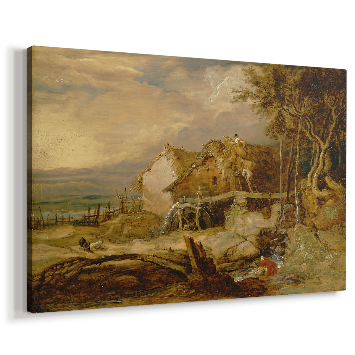 Canvas art print featuring a rustic mill building with waterwheel and surrounding nature, displayed at an angle