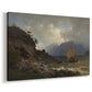 Canvas art print featuring a dramatic coastal landscape with rocky shore and sea, displayed at an angle