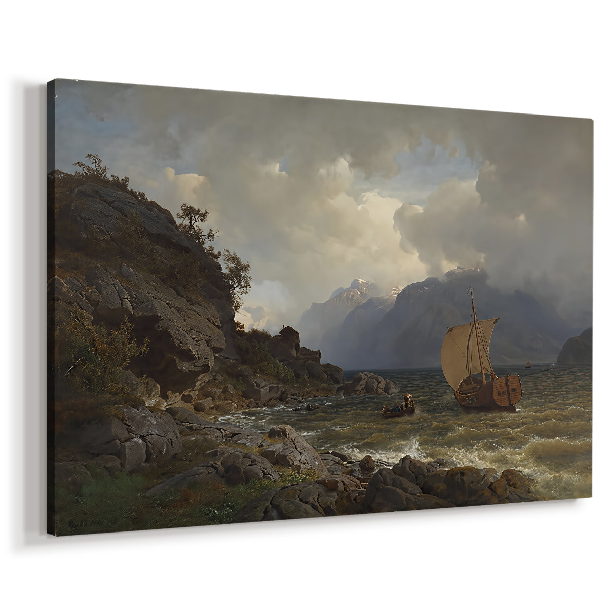 Canvas art print featuring a dramatic coastal landscape with rocky shore and sea, displayed at an angle