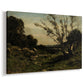 Canvas art print featuring a peaceful rural scene with misty atmosphere and gentle tones, displayed at an angle