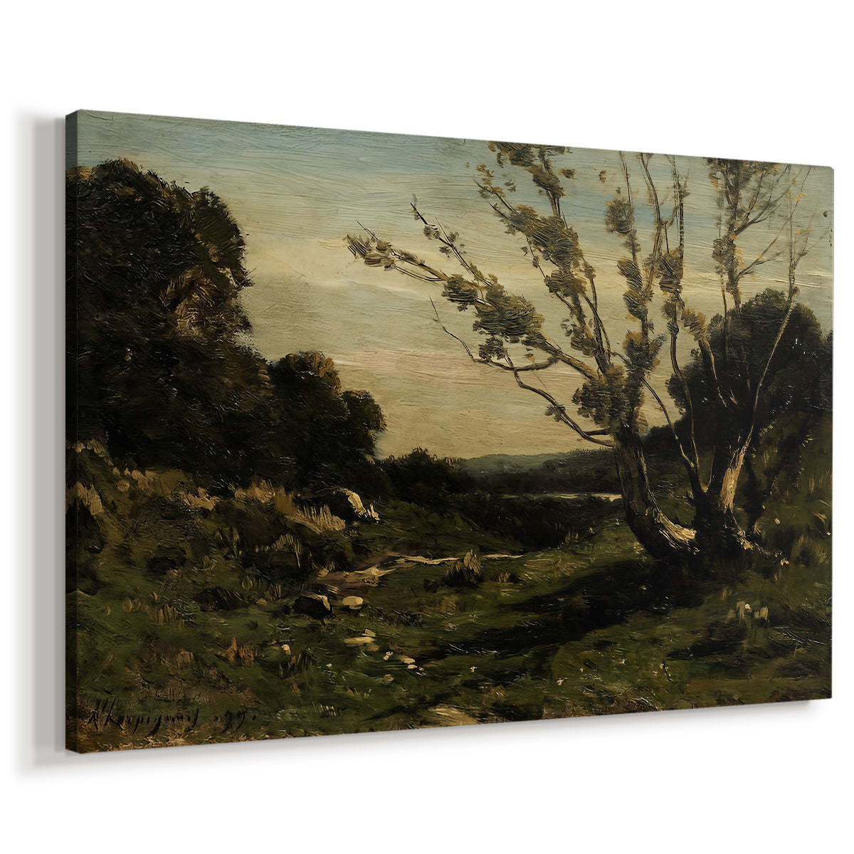 Canvas art print featuring a peaceful rural scene with misty atmosphere and gentle tones, displayed at an angle