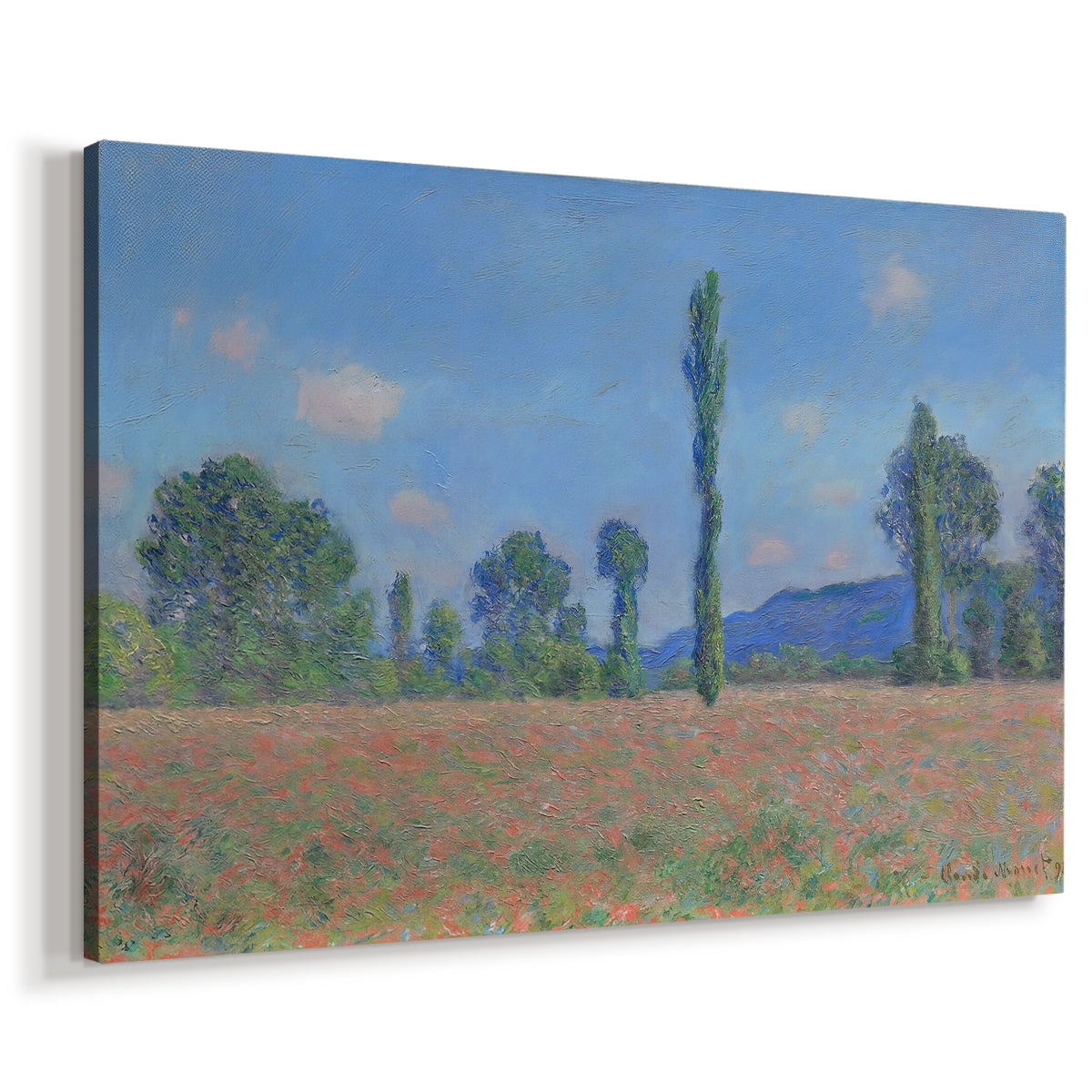 Canvas art print featuring an impressionist landscape of blooming poppies in countryside, displayed at an angle