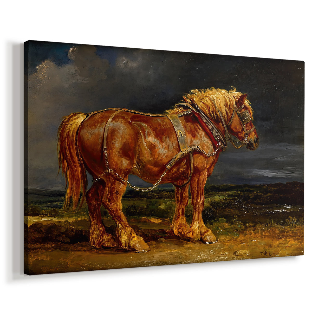Canvas art print featuring a detailed horse portrait set in expansive countryside, displayed at an angle