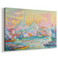 Canvas art print featuring a pointillist historic port with layered architecture, displayed at an angle