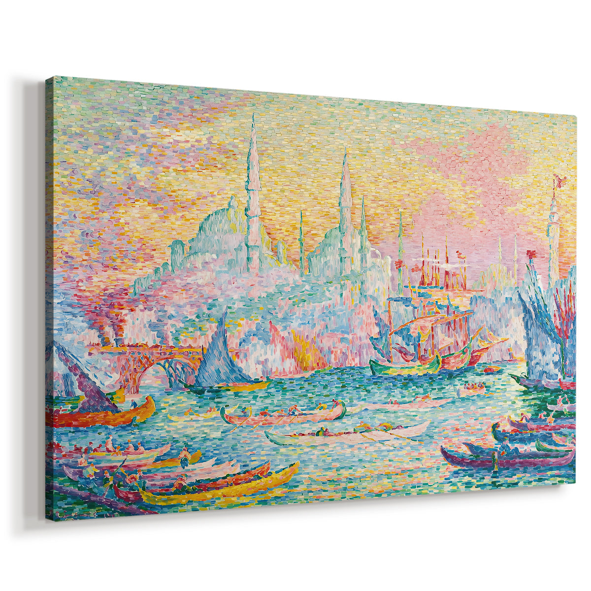 Canvas art print featuring a pointillist historic port with layered architecture, displayed at an angle