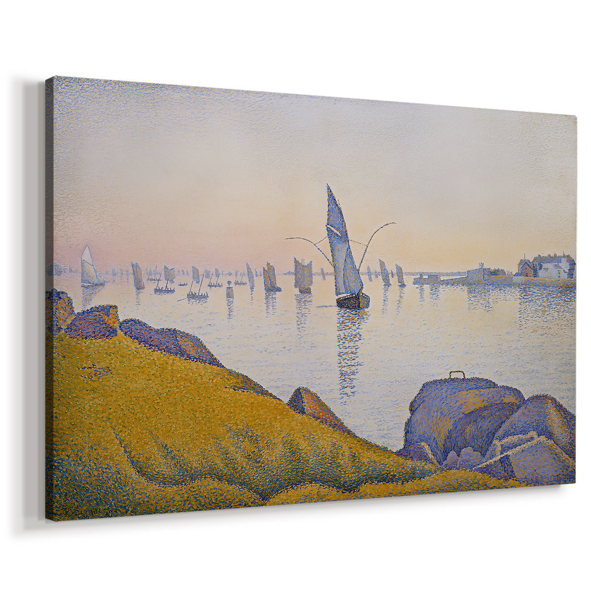 Canvas art print featuring a coastal scene with evening light, displayed at an angle