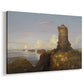 Canvas art print featuring a romantic seascape with cliffside structure, displayed at an angle