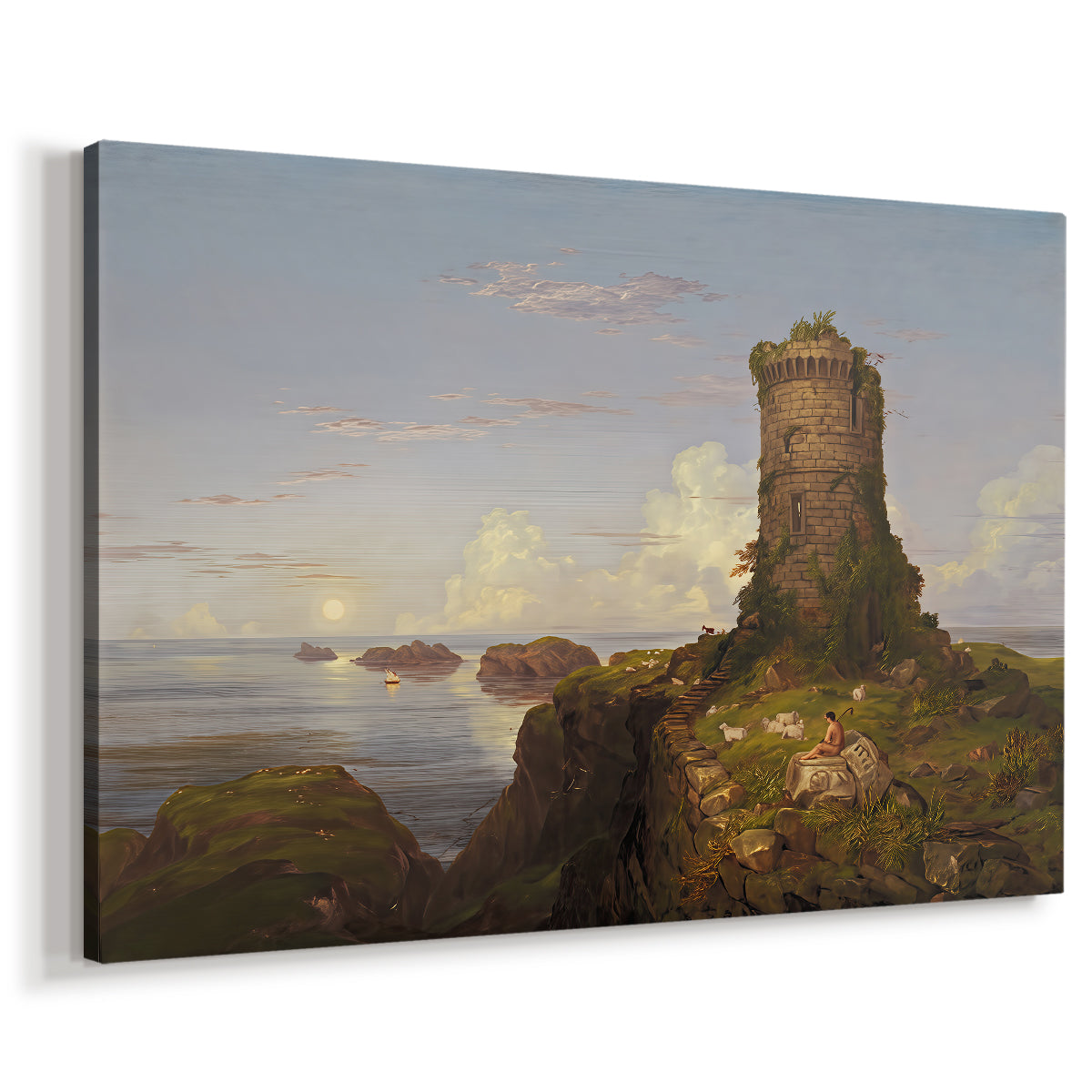 Canvas art print featuring a romantic seascape with cliffside structure, displayed at an angle