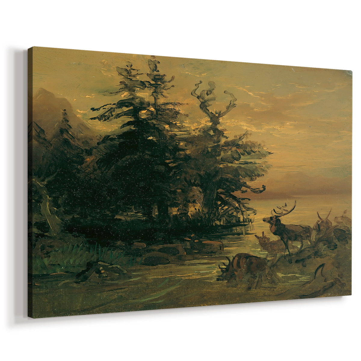 Canvas art print featuring a wildlife scene with animals and water, displayed at an angle