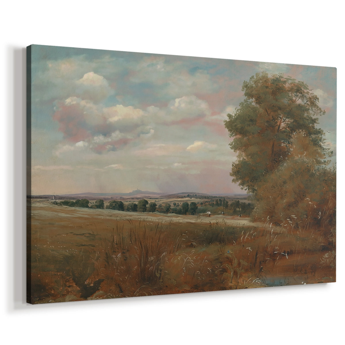 Canvas art print featuring a pastoral view with horizon and architecture, displayed at an angle