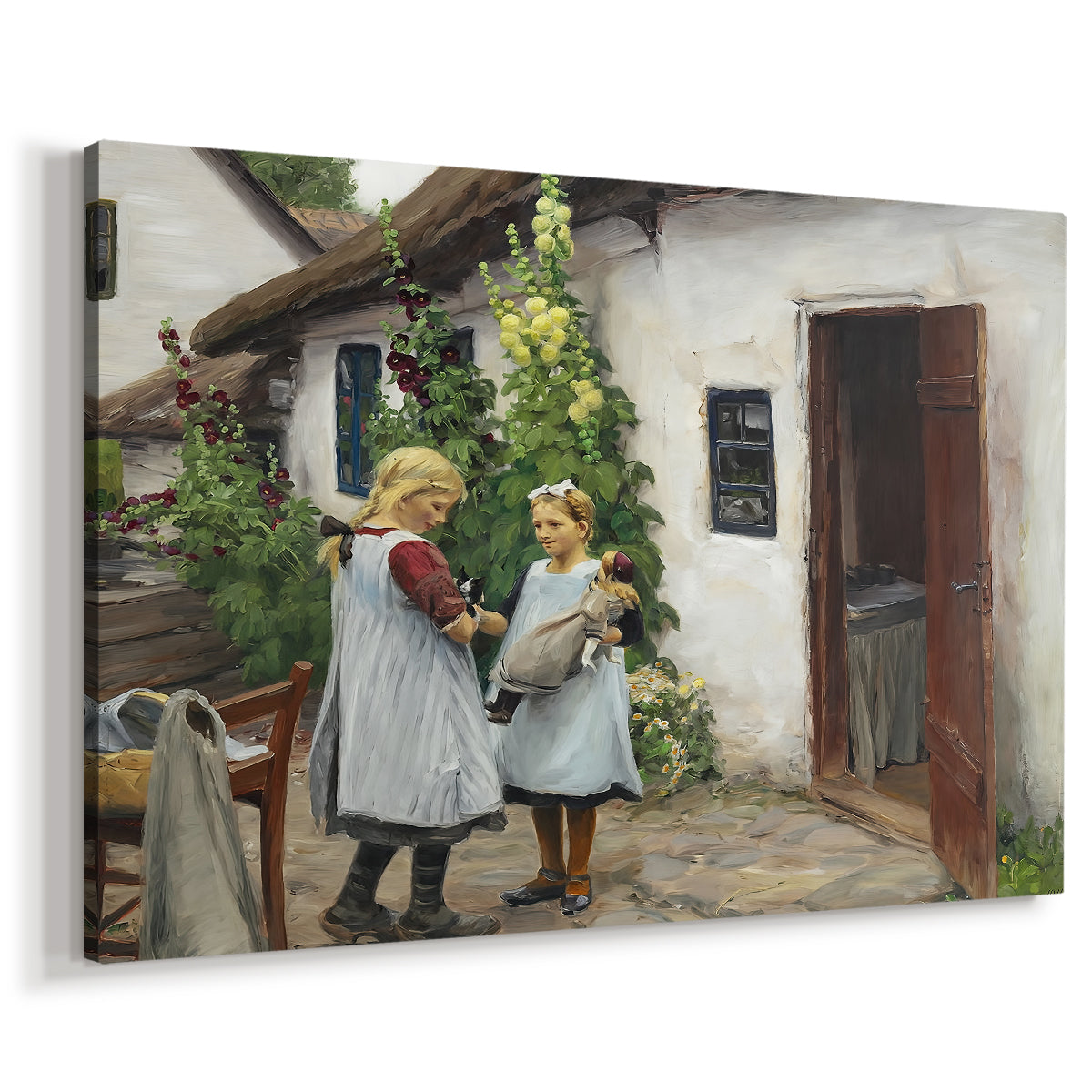 Canvas art print featuring a rural scene with figures near doorway in domestic setting, displayed at an angle