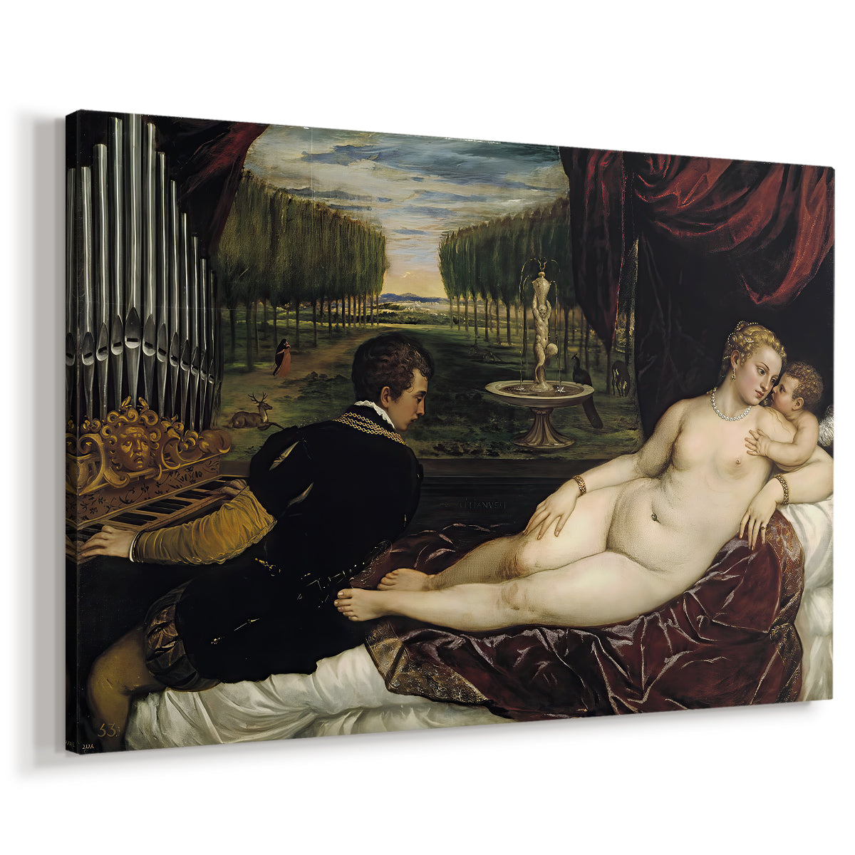 Canvas art print featuring a Renaissance figure group with nude woman, musician, and child Cupid, displayed at an angle