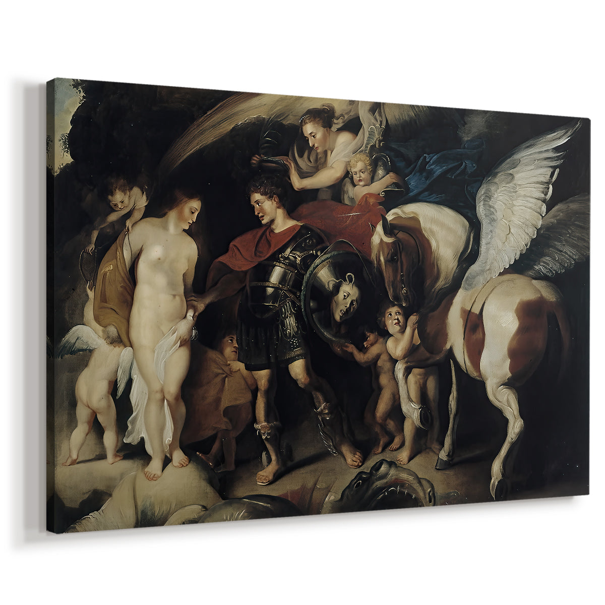 Canvas art print featuring a Baroque composition of heroic figure and bound woman, displayed at an angle