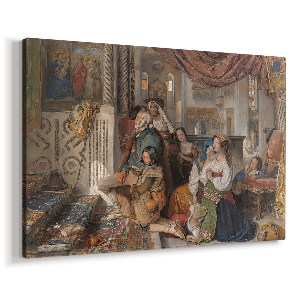 Canvas art print featuring a scene of people resting in historical attire, displayed at an angle