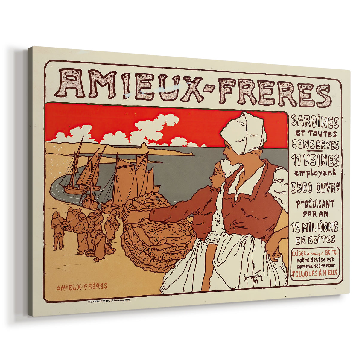 Canvas art print featuring a colorful poster design featuring stylized people and ornate lettering, displayed at an angle