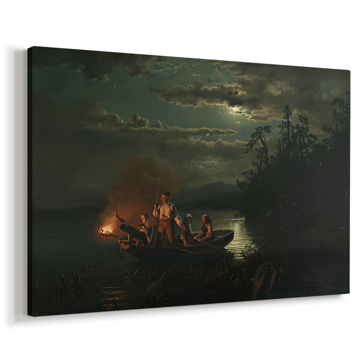 Canvas art print featuring a nighttime fishing scene with people in small boat on water, displayed at an angle