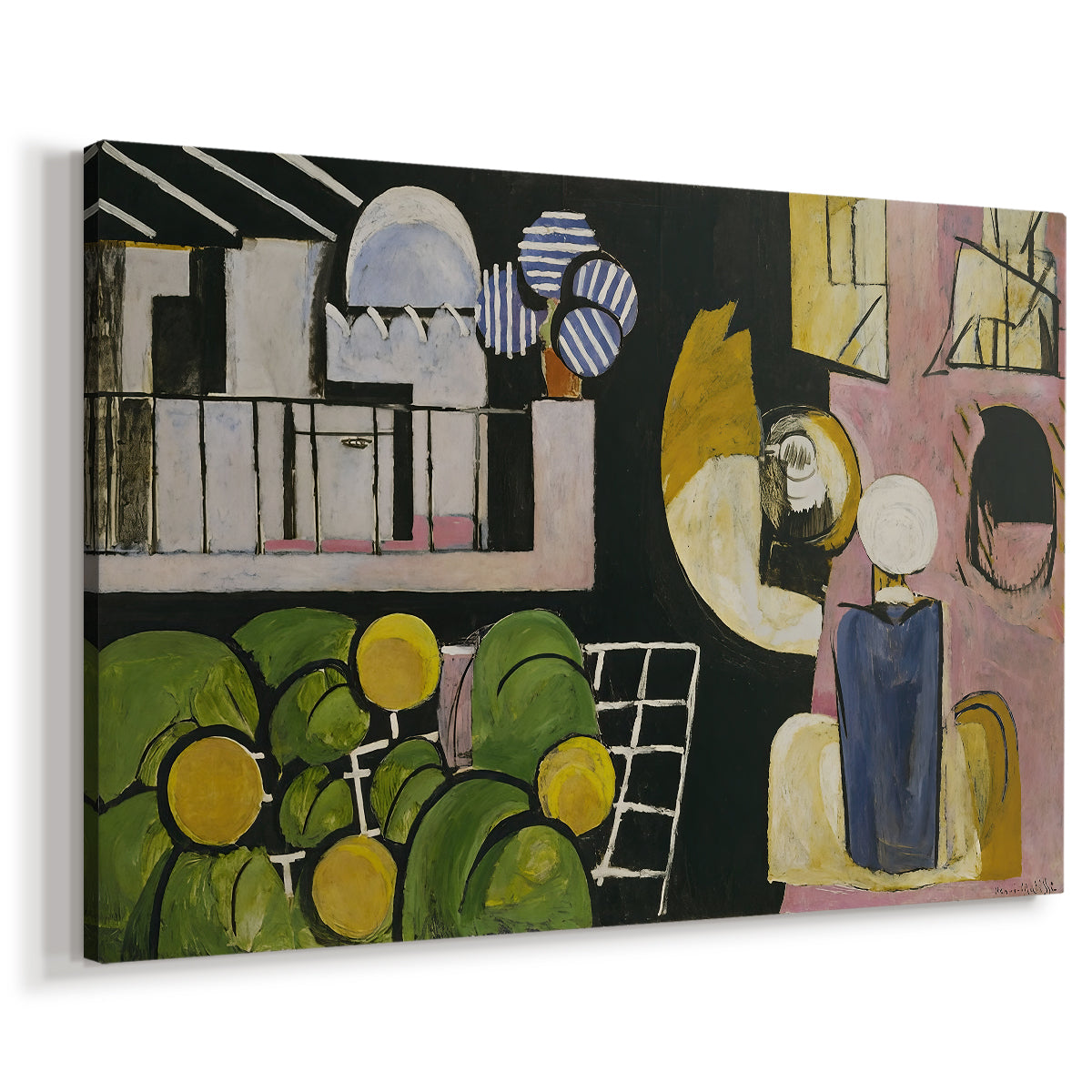 Canvas art print featuring a modernist arrangement of people and objects, displayed at an angle