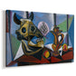 Canvas art print featuring a geometric still life featuring skull, displayed at an angle