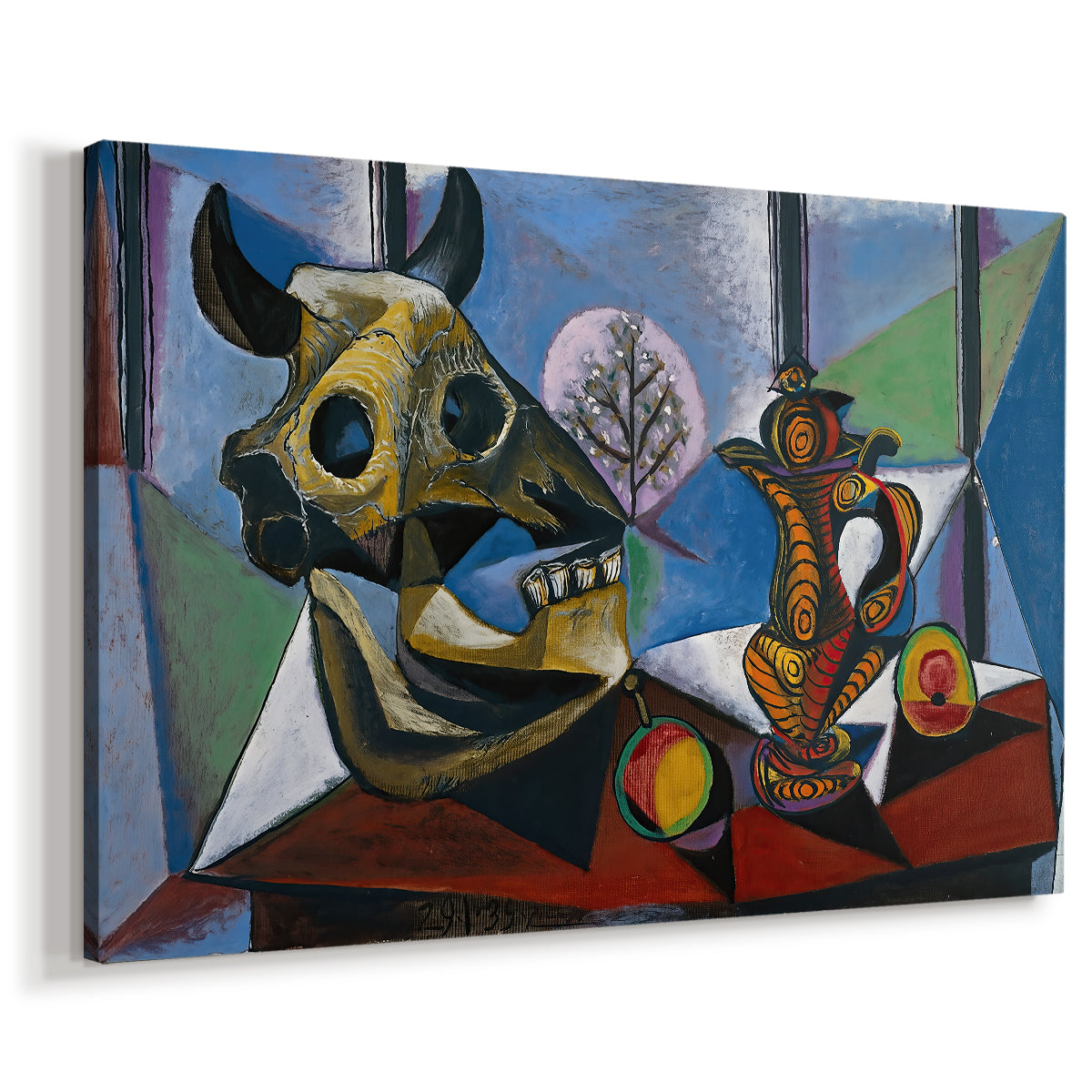 Canvas art print featuring a geometric still life featuring skull, displayed at an angle