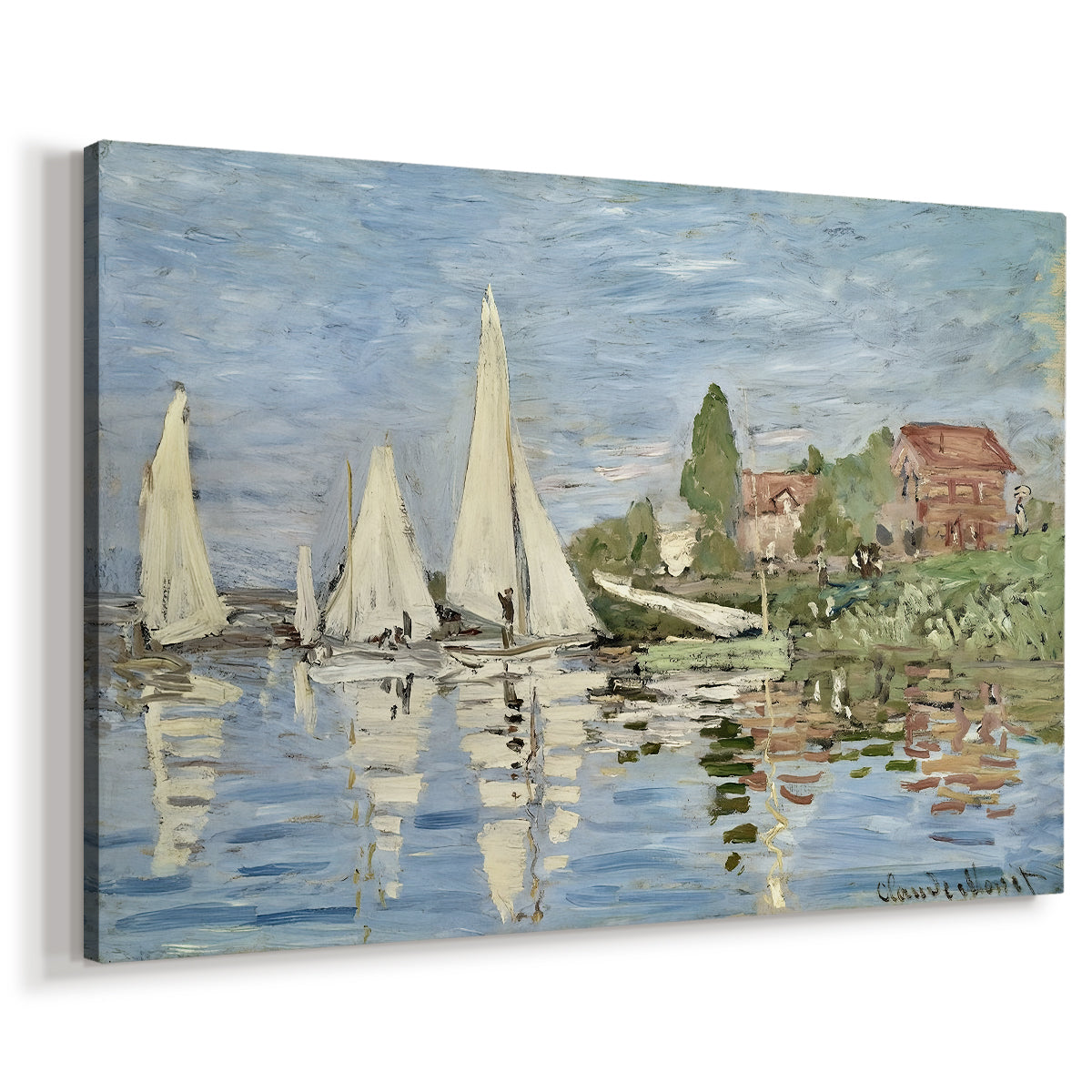 Canvas art print featuring a lively regatta scene with multiple boats and fluttering sails, displayed at an angle