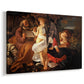 Canvas art print featuring a biblical scene of Mary, Joseph, and infant resting with angel musician, displayed at an angle