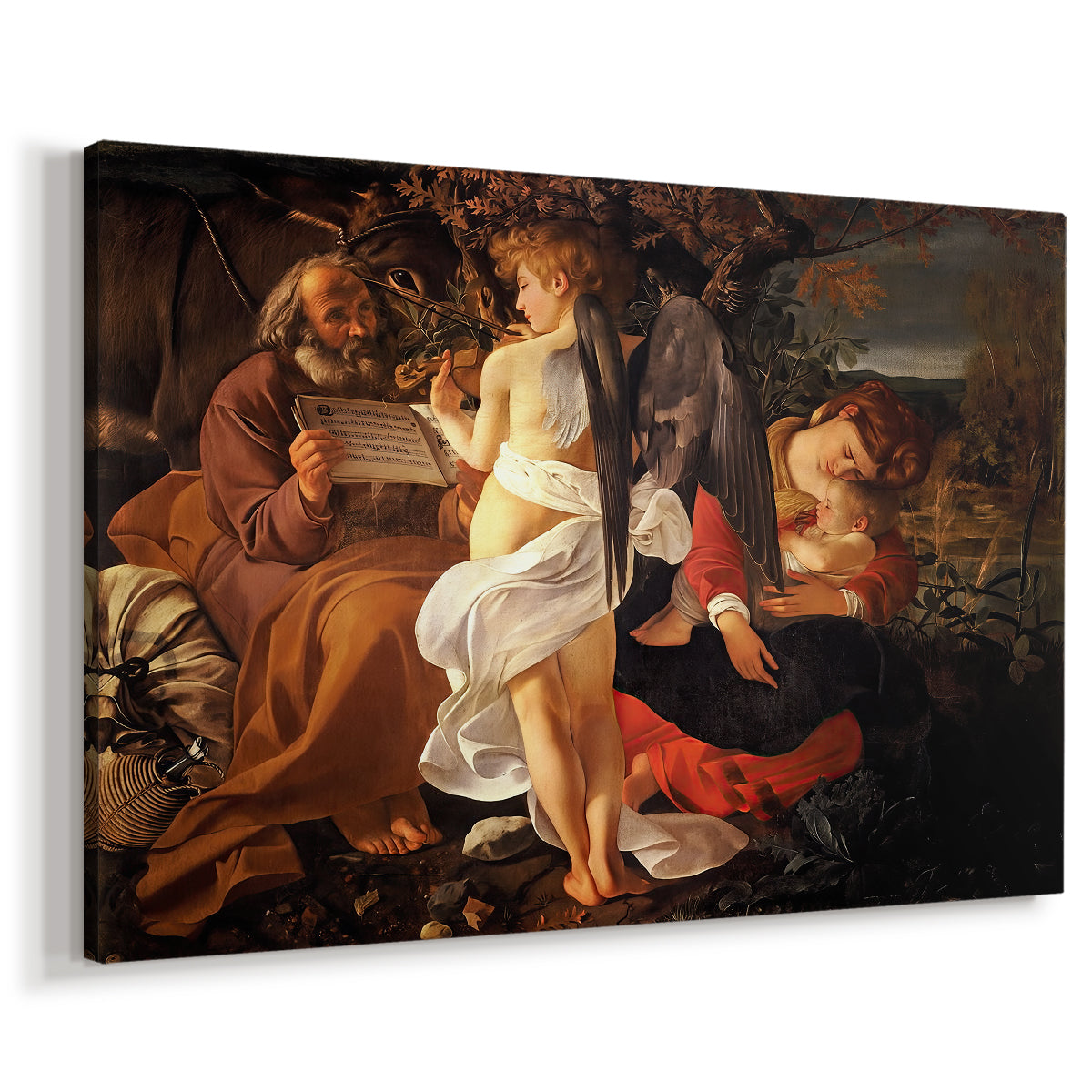 Canvas art print featuring a biblical scene of Mary, Joseph, and infant resting with angel musician, displayed at an angle