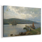 Canvas art print featuring a coastal pier scene with small boats and shoreline, displayed at an angle
