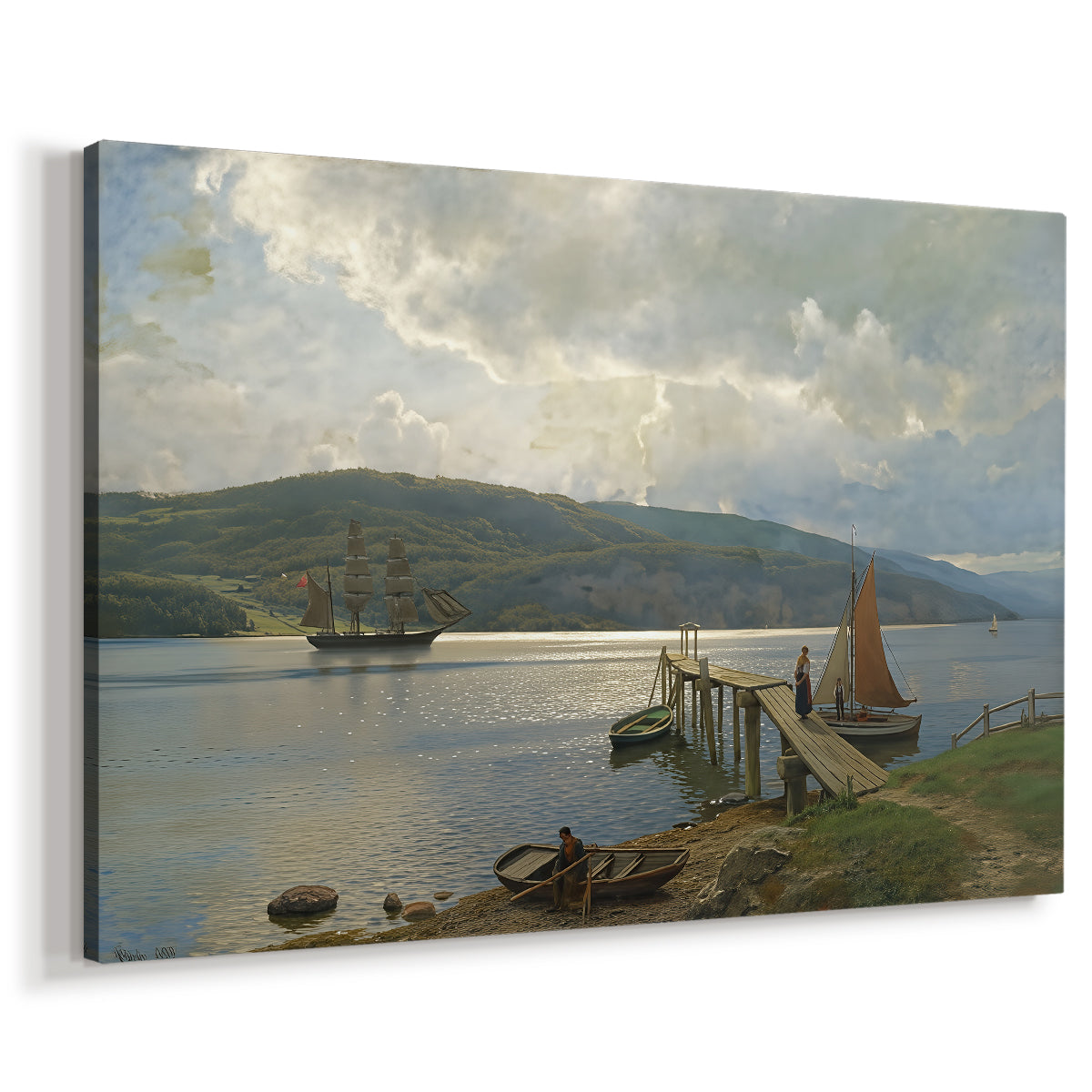 Canvas art print featuring a coastal pier scene with small boats and shoreline, displayed at an angle