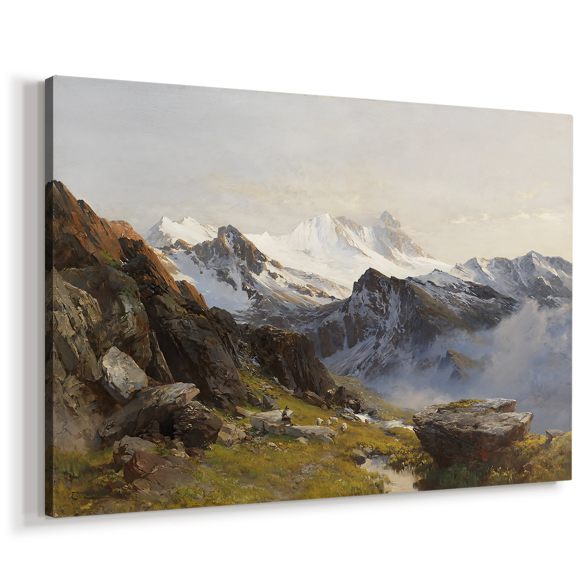 Canvas art print featuring a mountain summit seen from elevated viewpoint with surrounding landscape, displayed at an angle