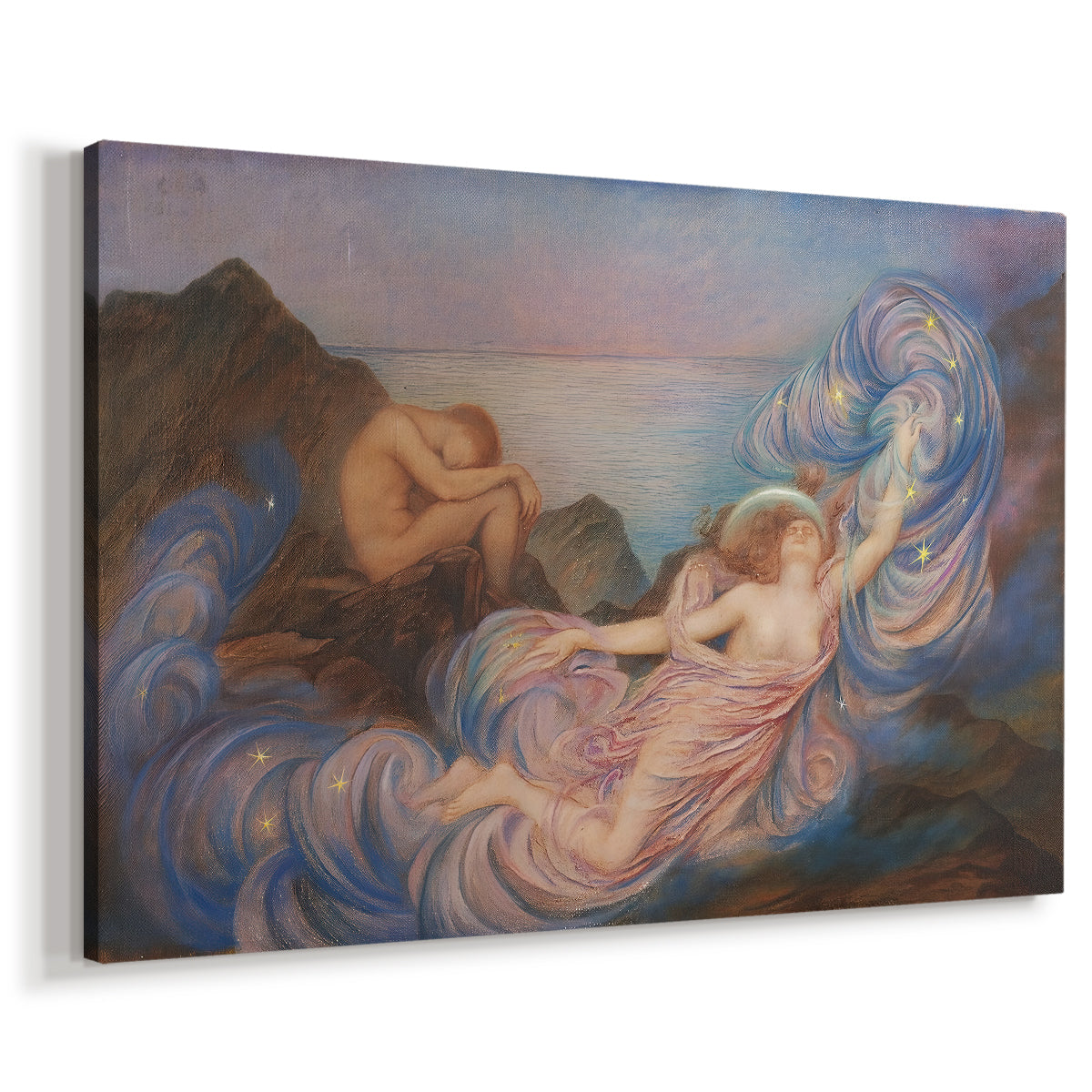 Canvas art print featuring an allegorical figure resting in atmospheric dusk setting, displayed at an angle