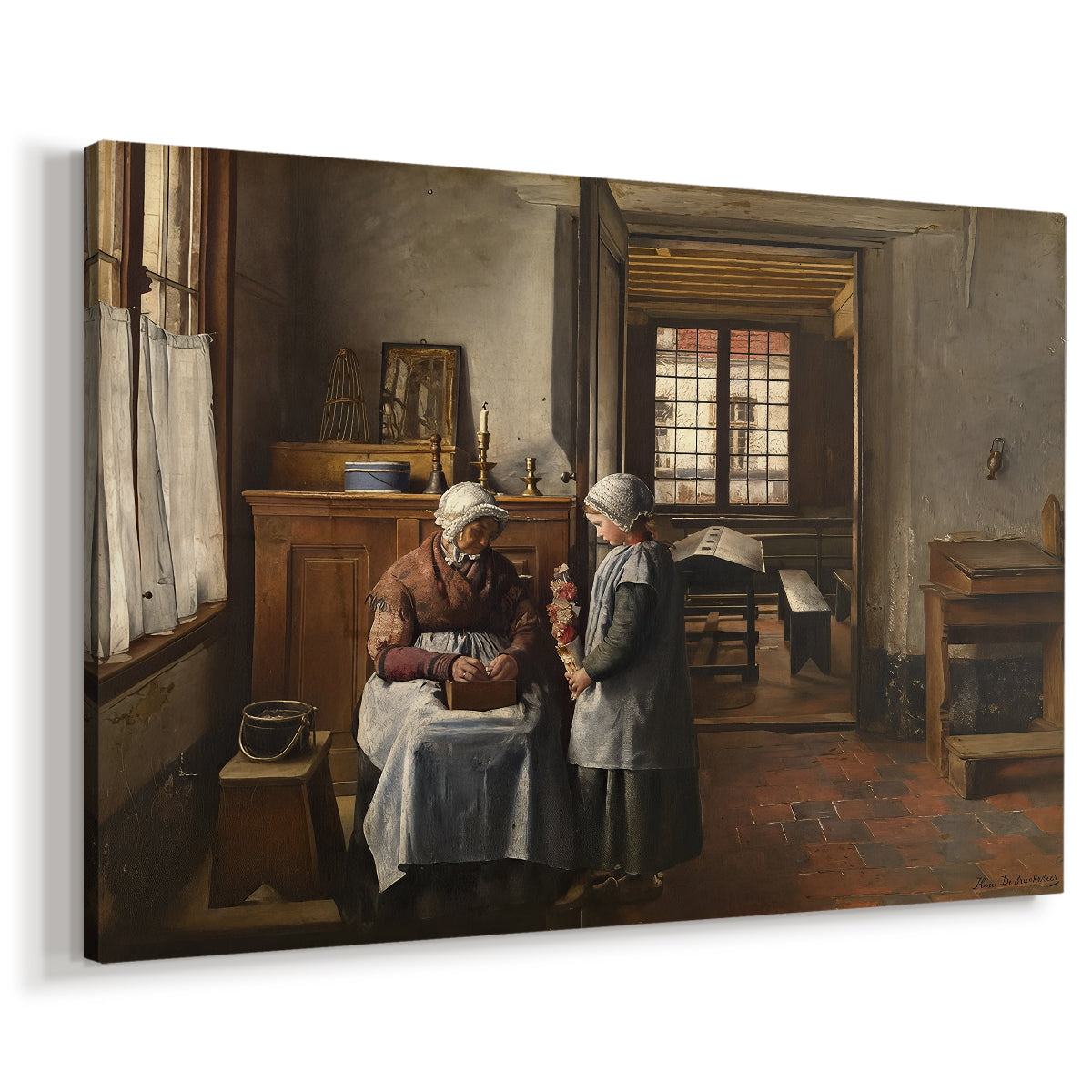 Canvas art print featuring a domestic scene with multiple figures seated at dining table, displayed at an angle