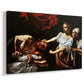 Canvas art print featuring a dramatic biblical scene of woman beheading man in bed, displayed at an angle