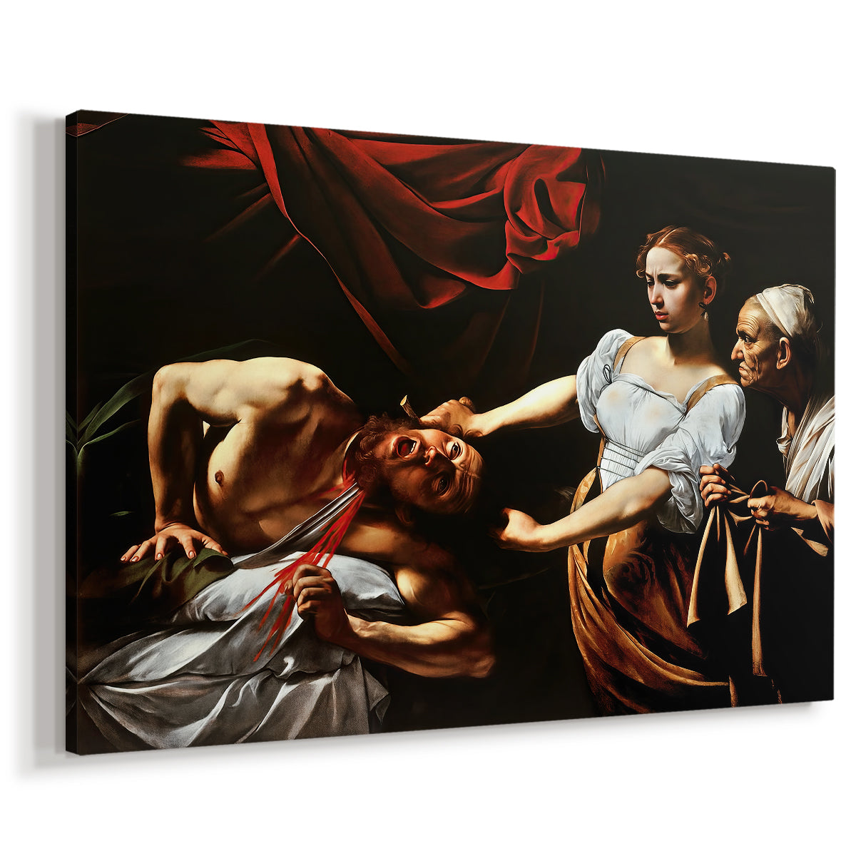 Canvas art print featuring a dramatic biblical scene of woman beheading man in bed, displayed at an angle