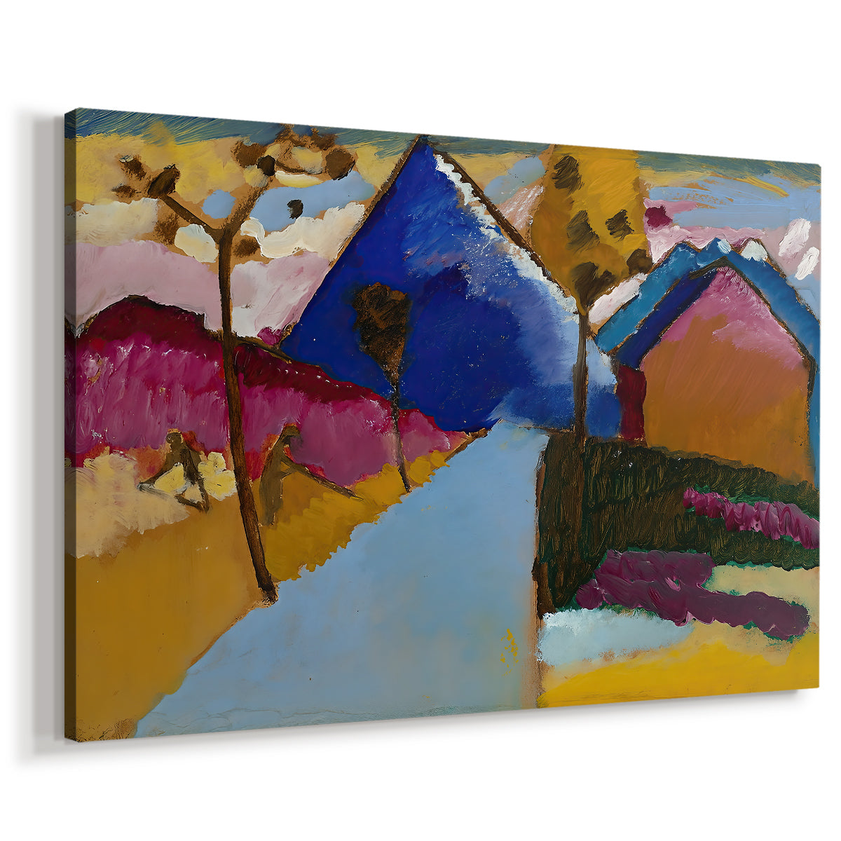 Canvas art print featuring a semi-abstract village view with angular structures and bright tones, displayed at an angle