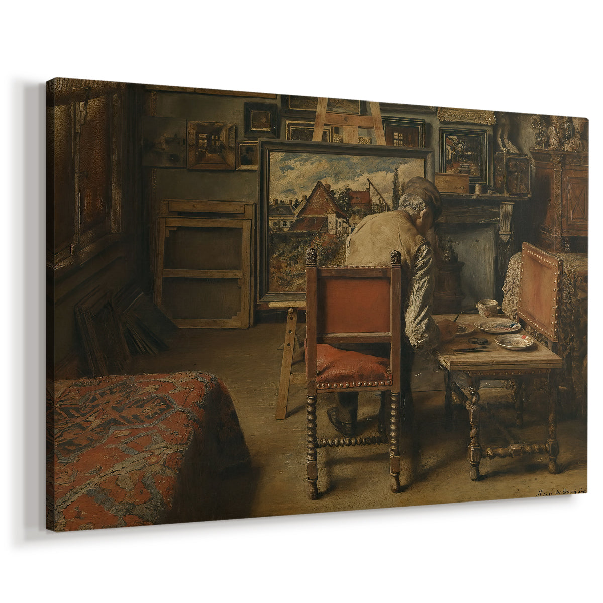 Canvas art print featuring an interior scene of person restoring or painting in studio, displayed at an angle
