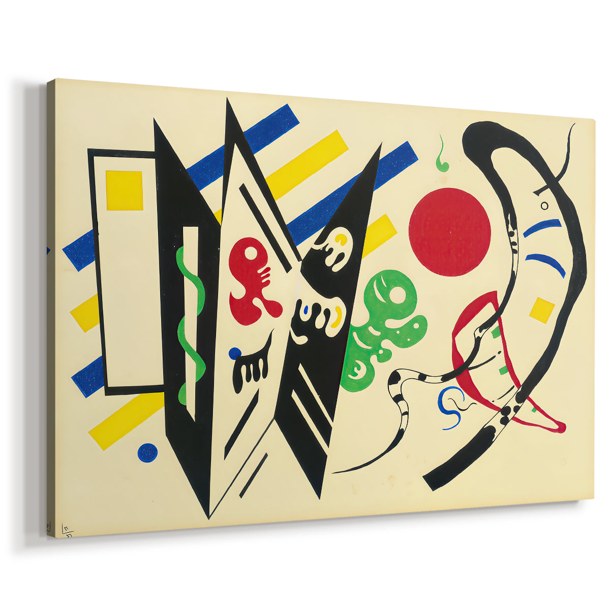 Canvas art print featuring an abstract composition of geometric shapes and lines arranged in balanced layout, displayed at an angle