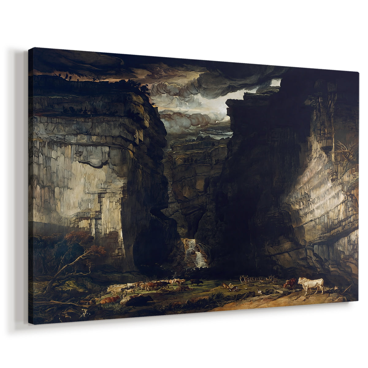 Canvas art print featuring a rugged landscape with steep rock formations and depth, displayed at an angle