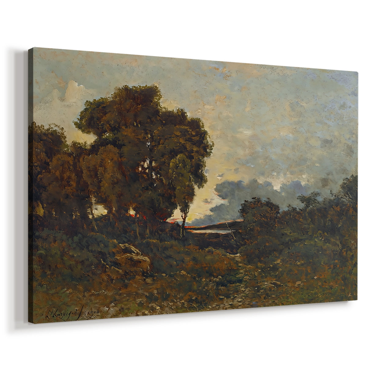 Canvas art print featuring a pastoral scene with river illuminated by evening light, displayed at an angle